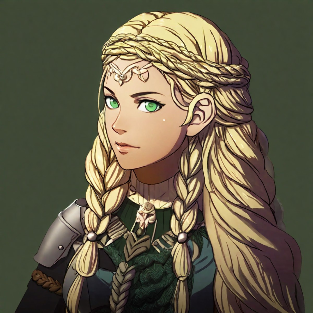A portrait of a Fire Emblem girl with a simple green background, She has Blonde braided  hair and green eyes, embodies sun...